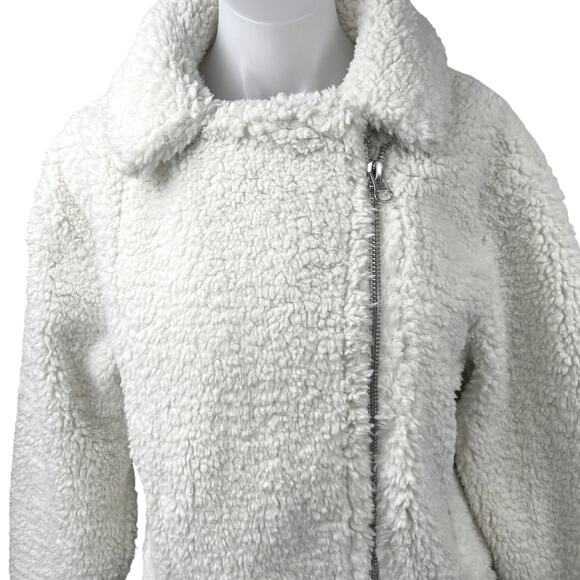 Urban Outfitters Clara Cream White Teddy Fleece Full Zip Moto Coat Jacket Size M - Picture 3 of 5